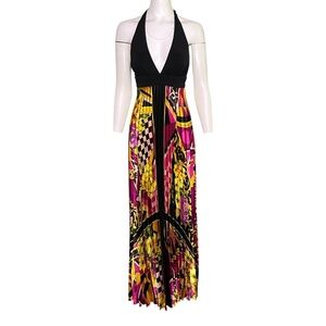 Cache Vintage Y2K Colorful Satin Gown Maxi Dress Size 4 Halter Prom Black Pink